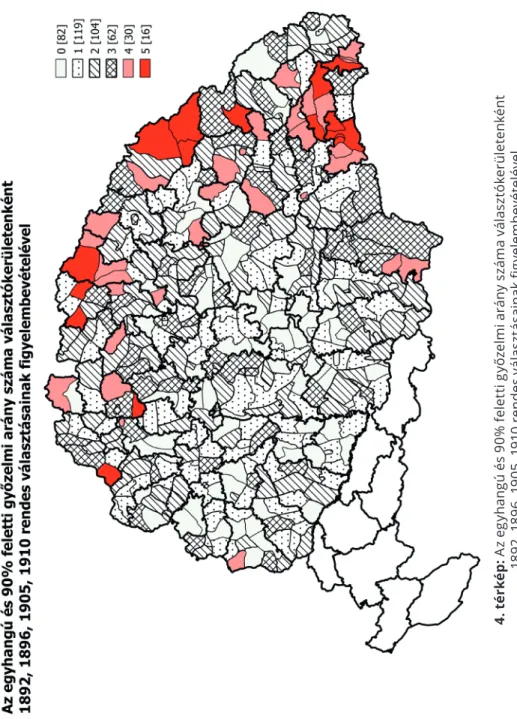 4. térkép: Az egyhangú és 90% feletti győzelmi arány száma választókerületenként  1892, 1896, 1905, 1910 rendes választásainak figyelembevételével