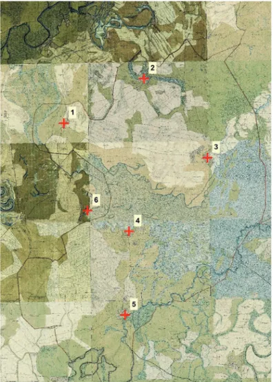 3. ábra Az első katonai felmérés Nagykunságot ábrázoló részlete,   a georeferáláshoz felhasznált hat illesztőponttal 