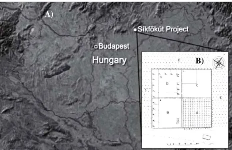 Figure 1.A. Location of the study area in Hungary. B. Study site location with plots.  