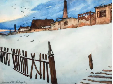 6. kép: Téli falu támadás után Wisniowczyk, 1915 akvarell, papír, 21 x 28 cm Jelezve balra lent: „Wisniowczyk 915.”