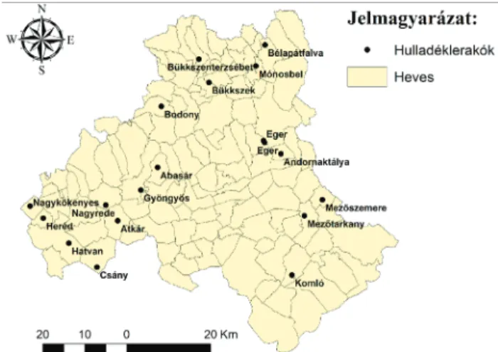 4. ábra A Heves megyei hulladéklerakók elhelyezkedése 2009 előtt Forrás: Saját szerkesztés