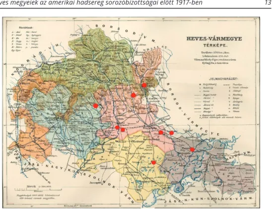 3. ábra: Heves vármegye térképe. A pontok a tanulmányban érintett településeket  jelölik 14