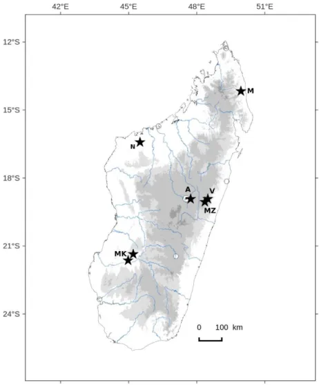 Figure 1. Map of recent missions in Madagascar, from North to South: M = Makirovana,  N = Namoroka, V = Vohimana, MZ = Maromizaha, A = Angavokely, MK = Makay