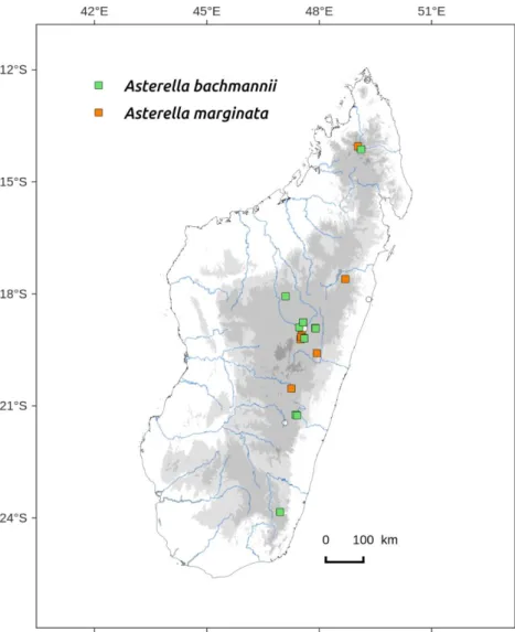 Figure  73.  Distribution  map  of  Asterella  bachmanii  and  Asterella  marginata  in  Madagascar, based on the specimens studied from EGR, PC and TAN herbarium and  the authors’ collections