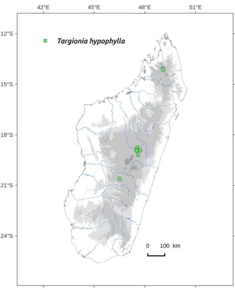 Figure 78. Distribution map of Targionia hypophylla in Madagascar, based on the  specimens studied from EGR, PC and TAN herbarium and the authors’ collections