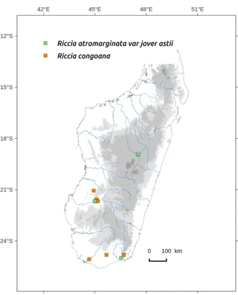 Figure  79.  Distribution  map  of  Riccia  atromarginata  var.  jovet-astii  and  Riccia  congoana in Madagascar, based on the specimens studied from EGR, PC and TAN  herbarium and the authors’ collections