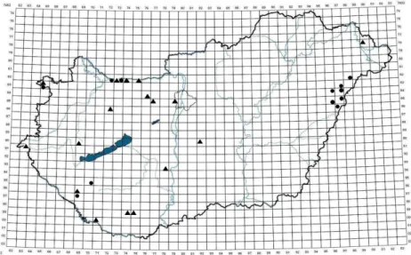 Figure 1. Distribution of Campylopus introflexus in Hungary; ● new occurrence, ▲  published occurrence (based on Szűcs et al