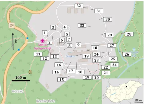 Figure  1.  Map  of  the  park  of  the  Mátrai  Gyógyintézet  Sanatorium  and  the  collecting points (© OpenStreetMap contributors) 