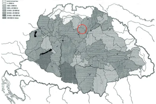 4. ábra: A bortermés mennyisége 1864-ben, megyei bontásban