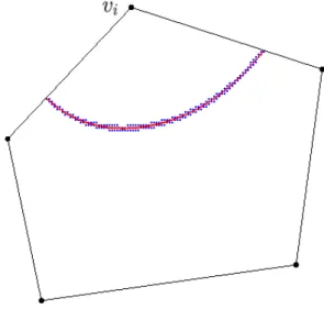 Figure 2: Blue pixels mark those points where barycentric coordi- coordi-nate b i is in [0.3, 0.32] with respect to the vertex v i , while red line