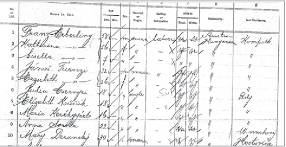4. ábra: A Pannonia fedélzetén 1905. április 3-án New Yorkba érkezők adatait tartalmazó  utaslista részlete