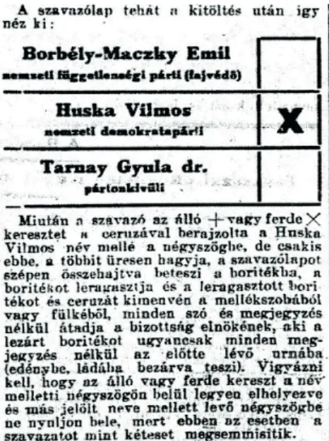 2. ábra: Segítség a szavazólap helyes kitöltéséhez  (Forrás: Reggeli Hírlap, 1924. december 3