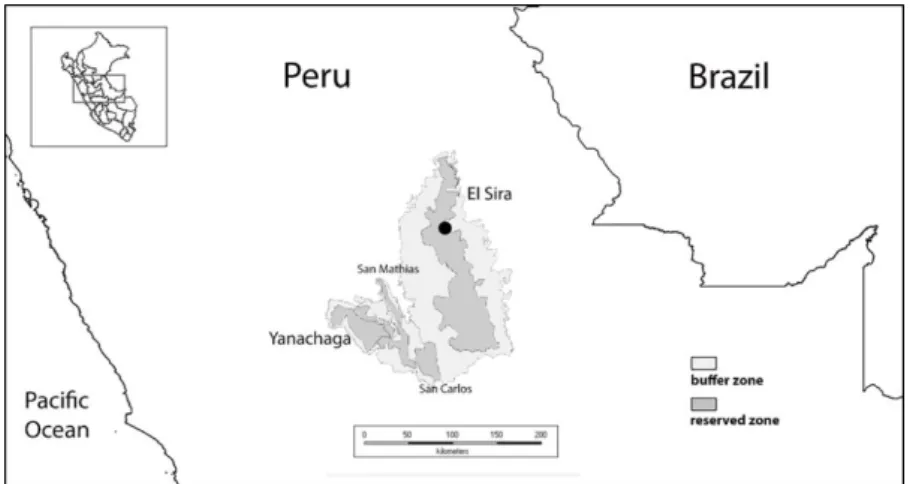 Figure 1. Location of study site (in black- see Fig. 2 for detail) and its position  relative to the Yanachaga-San Carlos-San Matias-El Sira cordilleran complex