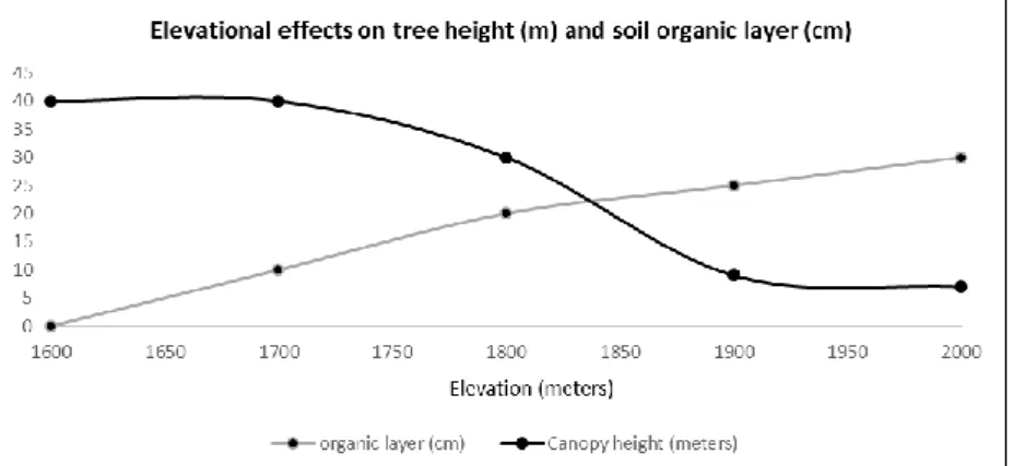 Figure 6. Elevational effects on mean tree canopy height (m) and soil organic layer  (cm) between upper cloud forest and elfin forest formations on the steep slopes of  the Ariapo uplift