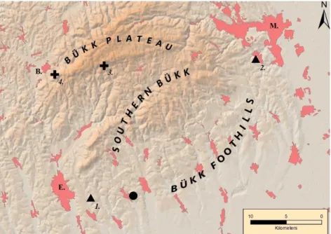 Figure 4. Distribution of Campanula macrostachya in the Bükk Mts. (Hungary):  –  confirmed  historical  locations;  ●  –  recent  location;    –  erroneous  locations;  E =  Eger; M