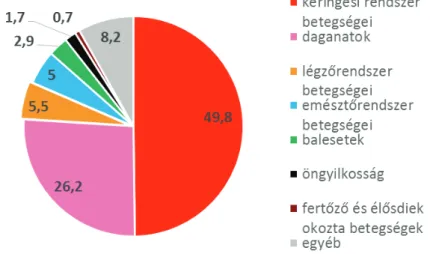 4. ábra: Magyarországon a vezető halálokok okozta halálozás %-os   megoszlása, 2013