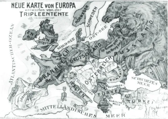 8. kép. Az antant országok ellen harcoló központi hatalmak Európa térképe   egy német képeslapon