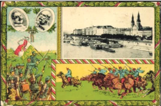 3. kép. Háborús propaganda képeslap budapesti látképpel,   Vilmos császár és Ferenc József király arcképével