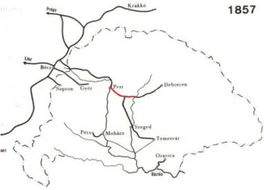 1. térkép: Magyarország 1857-ig elkészült vasútjai 213