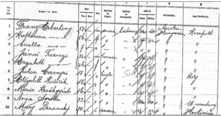 4. ábra: A Pannonia fedélzetén 1905. április 3-án   New York-ba érkezők adatait tartalmazó utaslista részlete 329