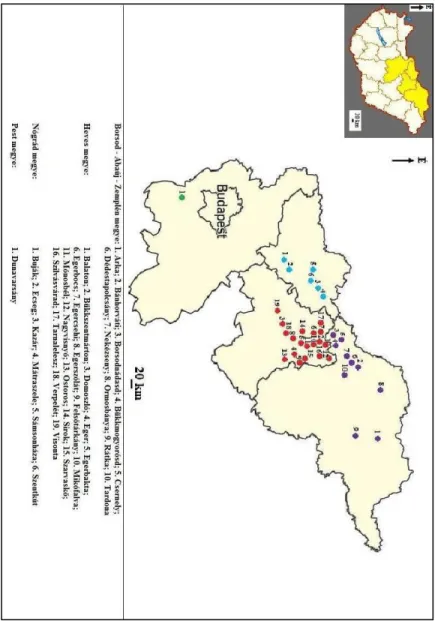 2. ábra: A vizsgált kovásodott famaradványok lelőhelyeinek földrajzi elhelyezkedése 