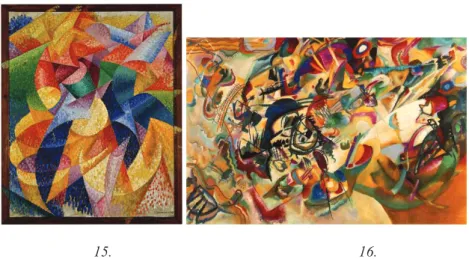 Kandinszkij  két kompozíciója (16-17. kép) és Pollock két, „action paint-ing” 