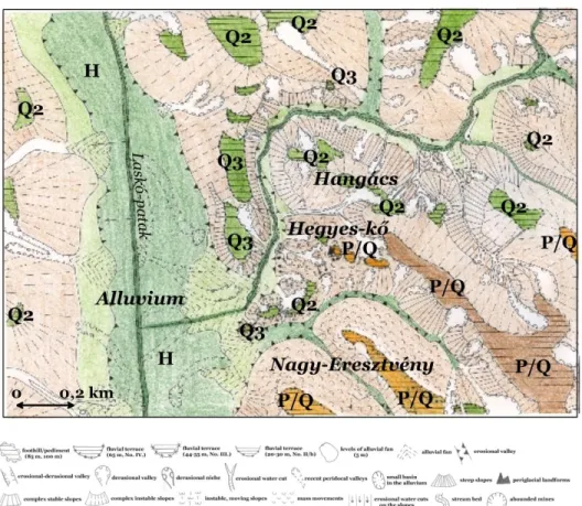 6. ábra: A Hegyes-kő környezetének geomorfológiai térképe (DOBOS 2012)  A Laskó-patak  mellékvizének  kijáratában széles hordalékkúp keletkezett
