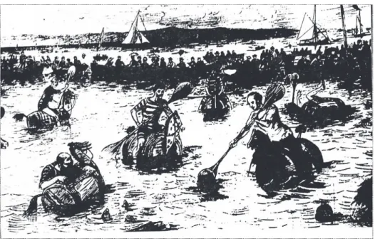 1. kép :  Férfiak lovagolnak a felnyergelt hordókon, és labdával játszanak a vízben. Hunt’s Quay,  Skócia, 1880