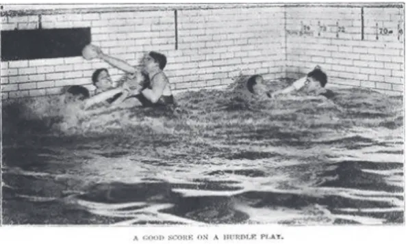 4. kép :  A góllövés módja, és a vízi küzdelem. A kép Louis de Breda Handley könyvében jelent meg
