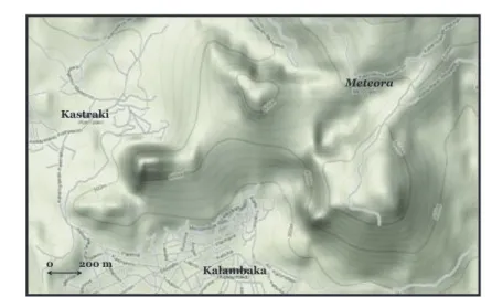1. ábra: A Kalambakától északra fekvő Andikhasiai-hegység és a Meteorák. (Google  Earth, 2010