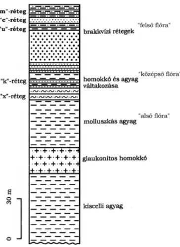 1. ábra: A Wind-féle téglagyár agyagbányájának elvi rétegoszlopa (B ÁLDI  1966 nyomán)  Figure 1