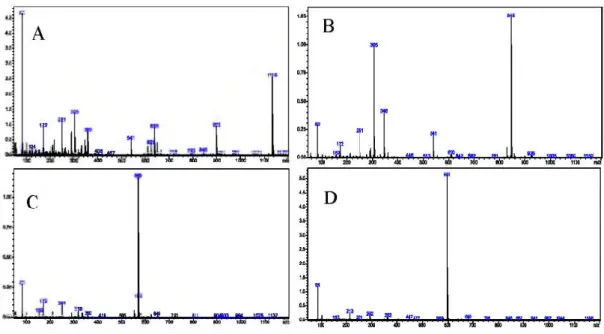 Figure 3. Mass-spectra offour selected biogenic amine derivatives, A- SPM, B- SPD,  C- CAD, D- DAH.