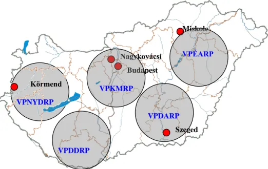 1. ábra:  A felmérésben résztvevő Vám- és Pénzügyőrség regionális Parancsnokságának  és a rendészeti Szakközépiskolák földrajzi elhelyezkedése/ 1