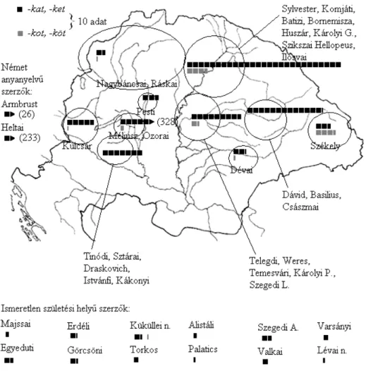 13. ábra: A tárgyragos, többesjeles alakok területi eloszlása a szerzők születési helye szerint 