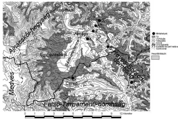 1. ábra: Hegylábfelszín a Cered-Almágyi medencében. A szürke szín a 280-330m tszf.-i  magasságú övezetet (bérbaltavári hegylábfelszín) mutatja 