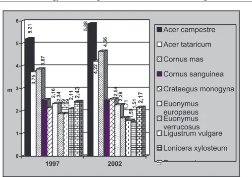 1. ábra:  A magas cserjék átlagmagassága 1997- és 2002-ben 