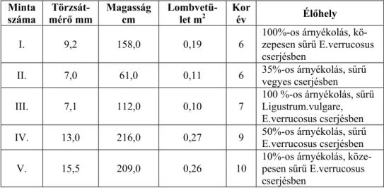 1. táblázat: Az Euonymus verrucosus mintacserjék méret, kor és élőhely adatai  Minta  száma   Törzsát-mérő mm  Magasság cm  Lombvetü-let m2 Korév  Élőhely  I