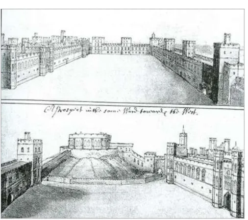 Fig. 7. Windsor Castle, Upper Ward, looking from east (above) and west (below),   after a pen-and-wash drawing by Wenceslas Hollar, probably 1650s or early 1660s  