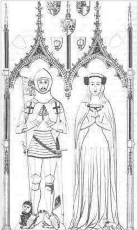 Fig. 3. Felbrigg church, brass to Sir Simon Felbrigg and his wide Margaret (d.1416)  (from Pevsner, Nikolaus, North-East Norfolk and Norwich, Penguin Books, 
