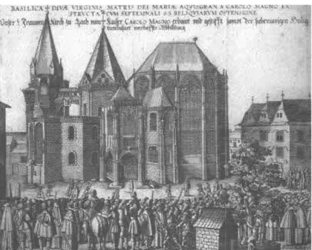 Fig. 4. Aachen Cathedral from the south. Print by Abraham Hogenberg dated 1632.  