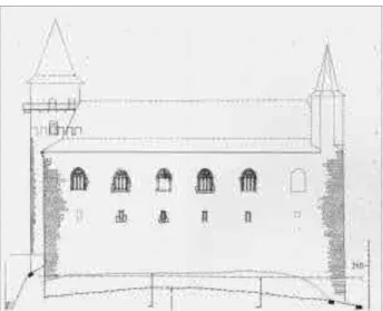 Fig. 8. Pozsony Castle, reconstruction of the main eastern facade as it stood following  construction work during the reign of Sigismund (from Takács (ed.), 2006)