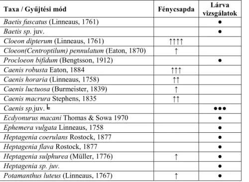 3. táblázat: Fénycsapdából és a lárvavizsgálatok során előkerült kérészek Gödnél (Rövi- (Rövi-dítések és jelmagyarázat: ↑=1–10 imágó, ↑↑=10–100 imágó, ↑↑↑=100–1000, 