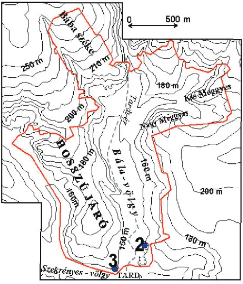 2. ábra: A tardi 2. és 3. sz. feltárások topográfiai helyzete   (a bejelölt terület a Tardi-legelő Természetvédelmi Területe) 