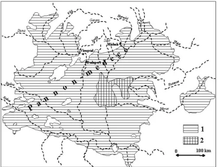 26. ábra: A Pannon-beltó legnagyobb (felsőmiocén: pontusi emelet) (1) és legkisebb  (2) kiterjedése (szerk