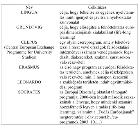 2. táblázat: A nyelvi programok rövid összefoglalása. 