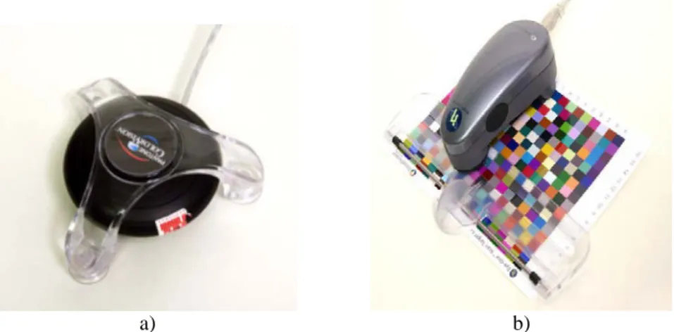 Figure 3: Equipment for colour measurement. a) - Panton Spyder fotocolorimetr  and b) - Gretag Makbeth Eye One spectrophotometer with colour target