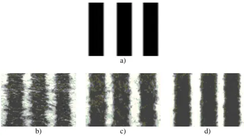 Figure 5: a) - a micro-raster as a test-object; and the result of ink adhesion, ad- ad-sorption and diffusion on different papers: b) - uncoated paper, c) - coated paper; 