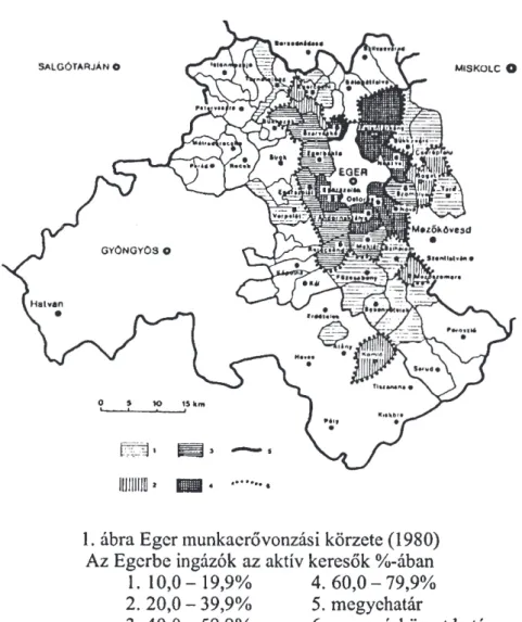 1. ábra Eger munkaerő vonzási körzete (1980) Az Egerbe ingázók  az aktív keresők %-ában