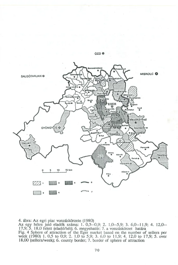 Fig. 4 Sphere  of  attraction  of  the Eger market  based  on  the  number  of  sellers  per week (1980)  1