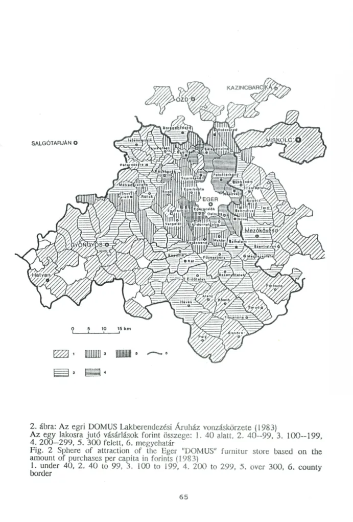 Fig. 2 Sphere  of  attraction  of  the Eger  &#34;DOMUS&#34; furnitur  store  based  on  the amount  of  purchases  per  capita  in  forints (1983)